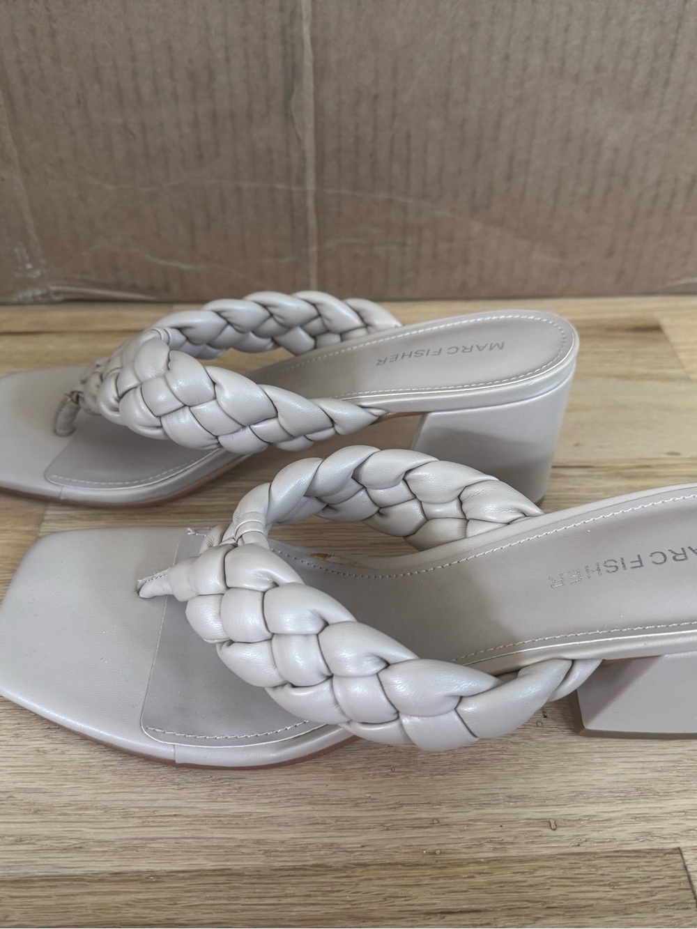 Marc Fisher Braided Double Strap Block Heel Mules - Light Beige